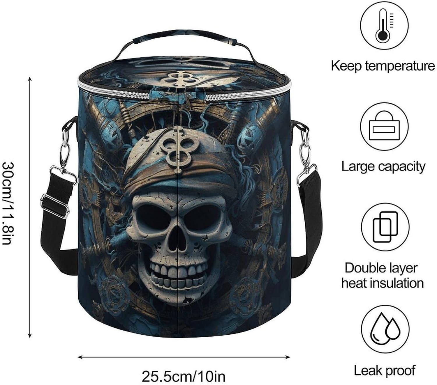 Skeleton Pirate Lunch Bag 15L, Insulated Picnic Basket with Leakproof Design - Large Cooler Tote for Camping, Beach, Hiking & Groceries