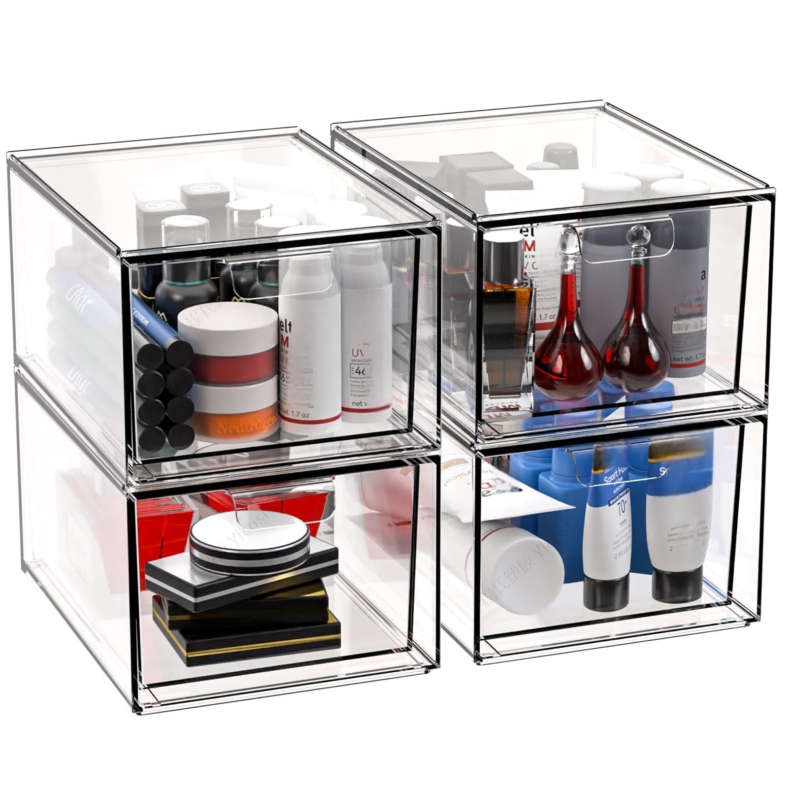 Set di 4 Organizer Cassetti Cucina Trasparente, 30CM Plastica Organizer per Cassetti Bagno Scrivania Letto Scatole Cassetto, per Contenitori Trucchi Posate Gioielli Organizzatore Cassetti Portaoggetti