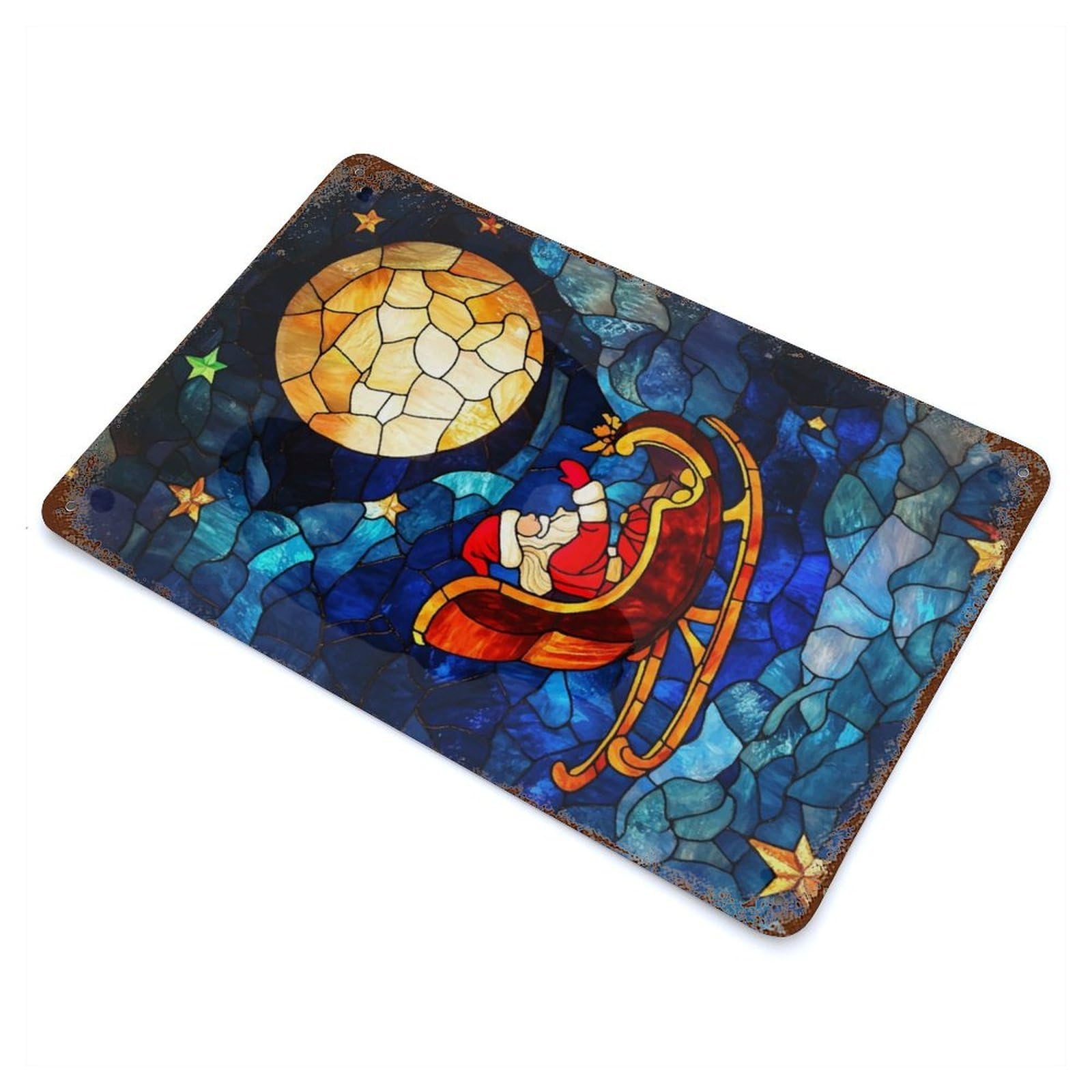 Stained Glass Santa Weathered Tin Sign 11.8"x7.9", Novelty Wall Decor for Garage, Pub Or Kitchen
