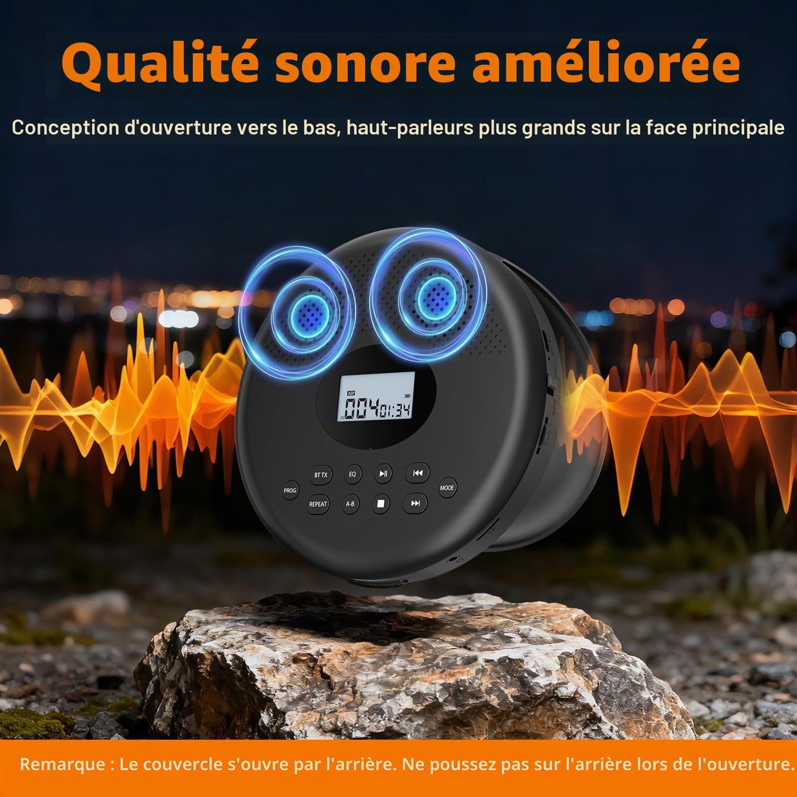 Lecteur CD Portable Arafuna Bluetooth Rechargeable, Haut-parleurs, Antichoc, écran LCD. 7 Modes de Lecture, 5 égaliseurs, Compatible TF/AUX. Compact, idéal Maison, Voiture et Voyages.