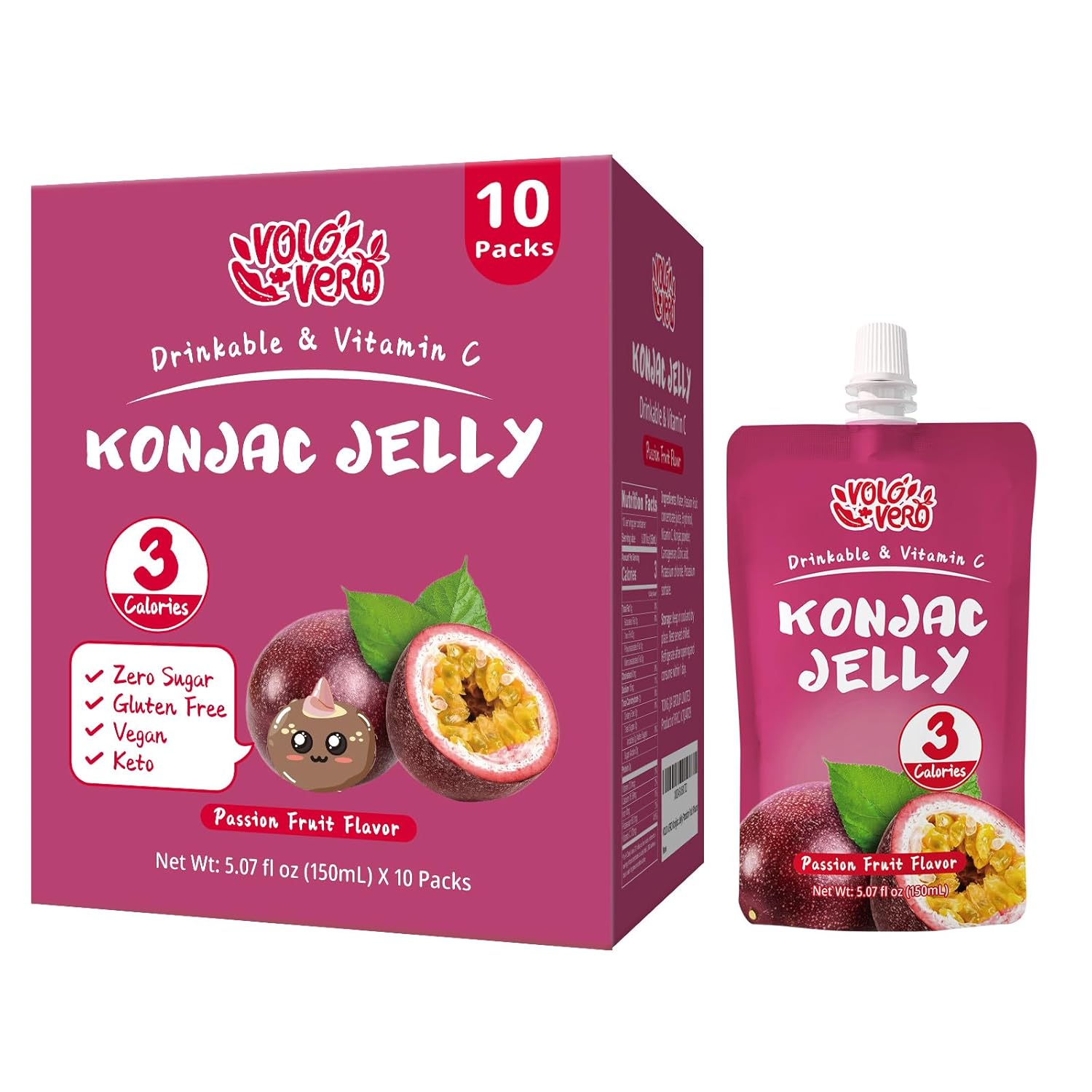 VOLO VERO Konjac Jelly Squeeze Pouch Passion Fruit Flavor, Low Calories (3 Kcal), 10 Packs, Gluten Free & Vegan, 0 Sugar, Keto, Low Carb, Drinkable Vitamin C Healthy Snacks, Holiday Gifts