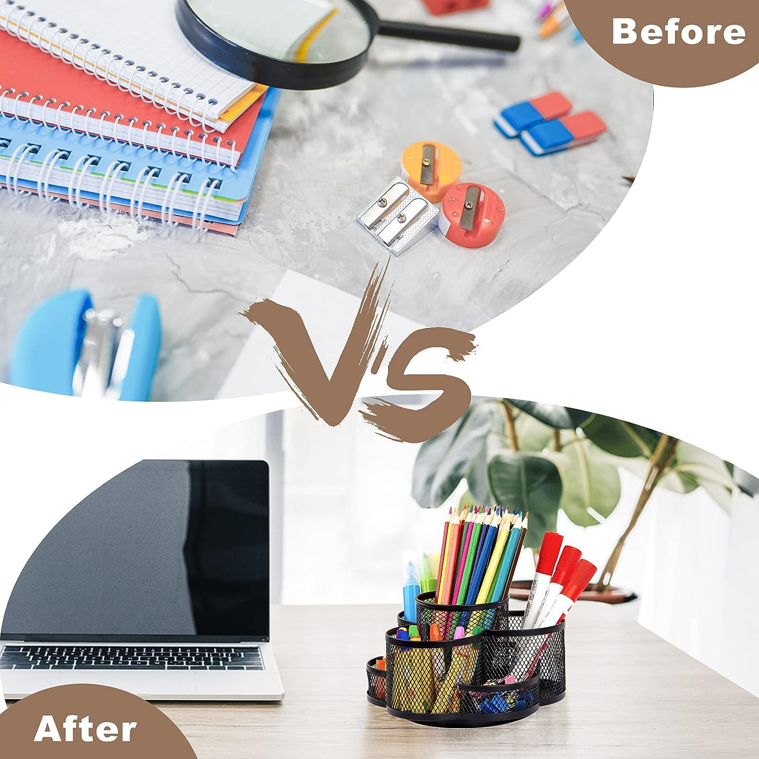 Wosta 360-Degree Rotating Desk Organizer with 7 Compartments, Black Metal Mesh Desk Caddy for Office School Art 1