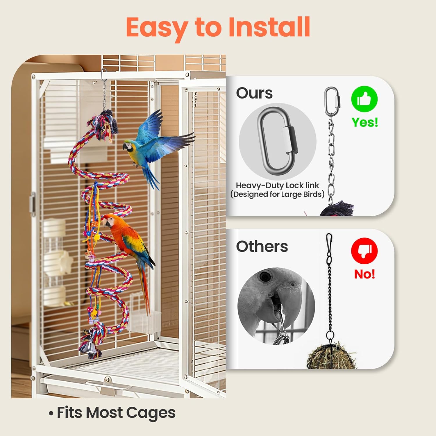 Bird Toys for Large Parrots - 110'' Heavy Duty Cotton Rope Birds Toy Swing, Spiral Hanging Bird Toys with Bell & Acrylic for Macaws, Cockatoos, Greys, Enrichment Parrot Toys