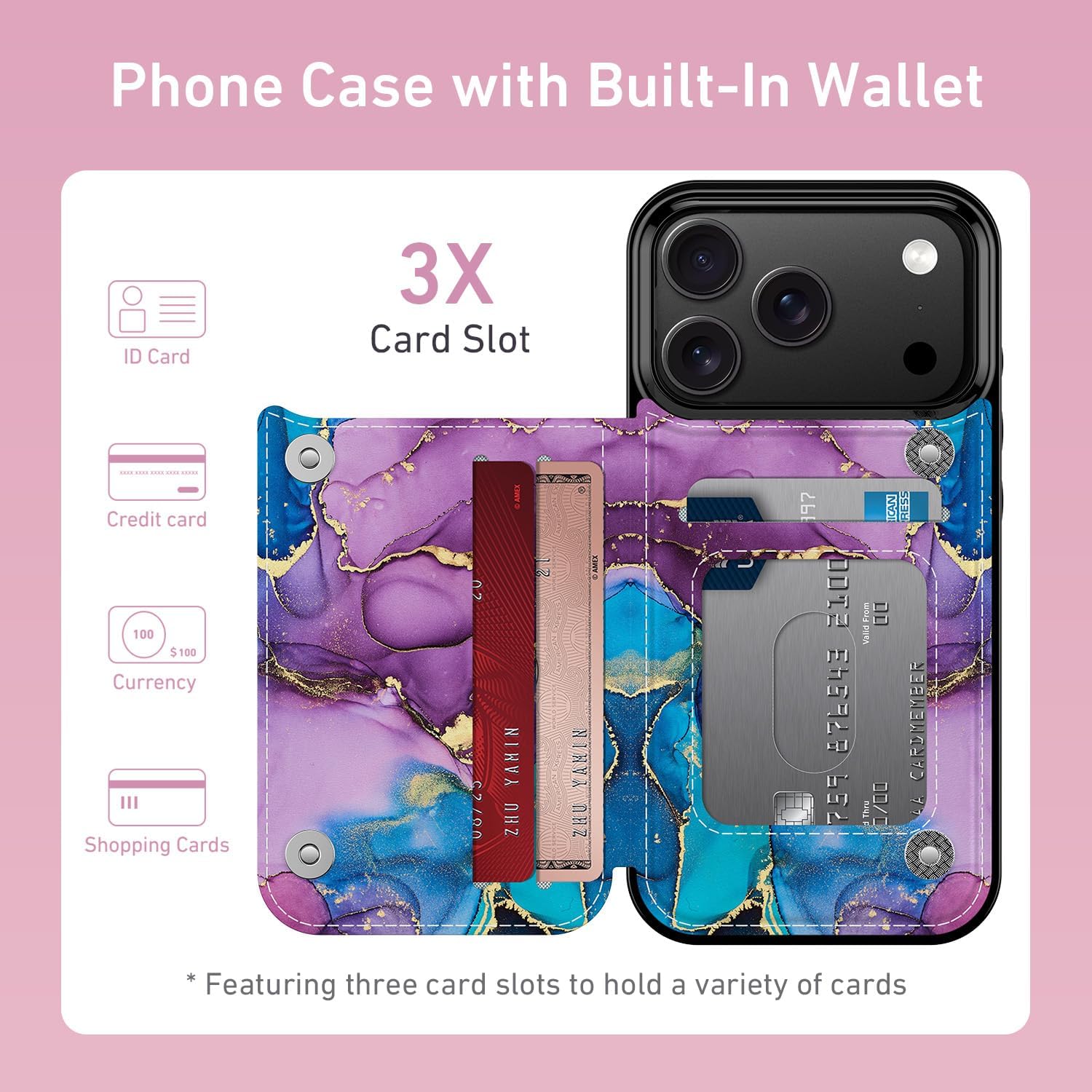 Goodon for iPhone 17 Pro Case Wallet - Flip Folio Leather Cover with Trendy Floral Design, 3 Card Slots & Kickstand Function, Stylish Protective Phone Case for Women and Girls - Teal Purple Marble - Image 2