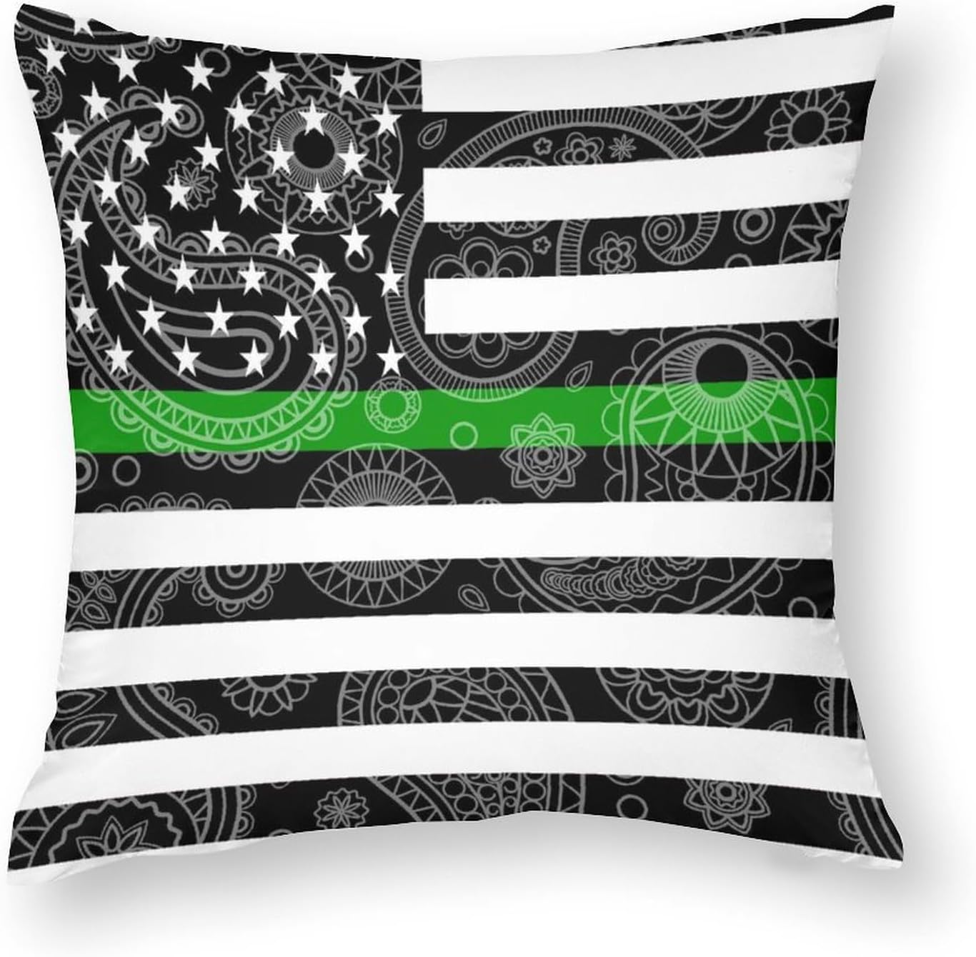 U.S. Flag Thin Green Line Paisley Pattern Printed Throw Pillow Case 4 Pcs Soft Pillowcases Pillows Covers Sofa Bed Decor 12/14/16/17/18/20/22/24/32 Inches