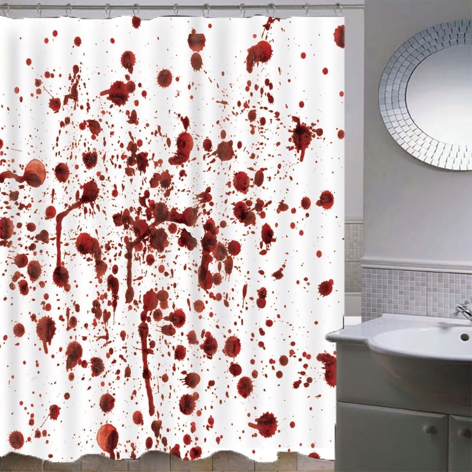Duschvorhang Textil Rot Weiß, Blut Stain Muster Badvorhang Polyester Anti-Schimmel Schnell Trocknend mit Duschvorhangringen