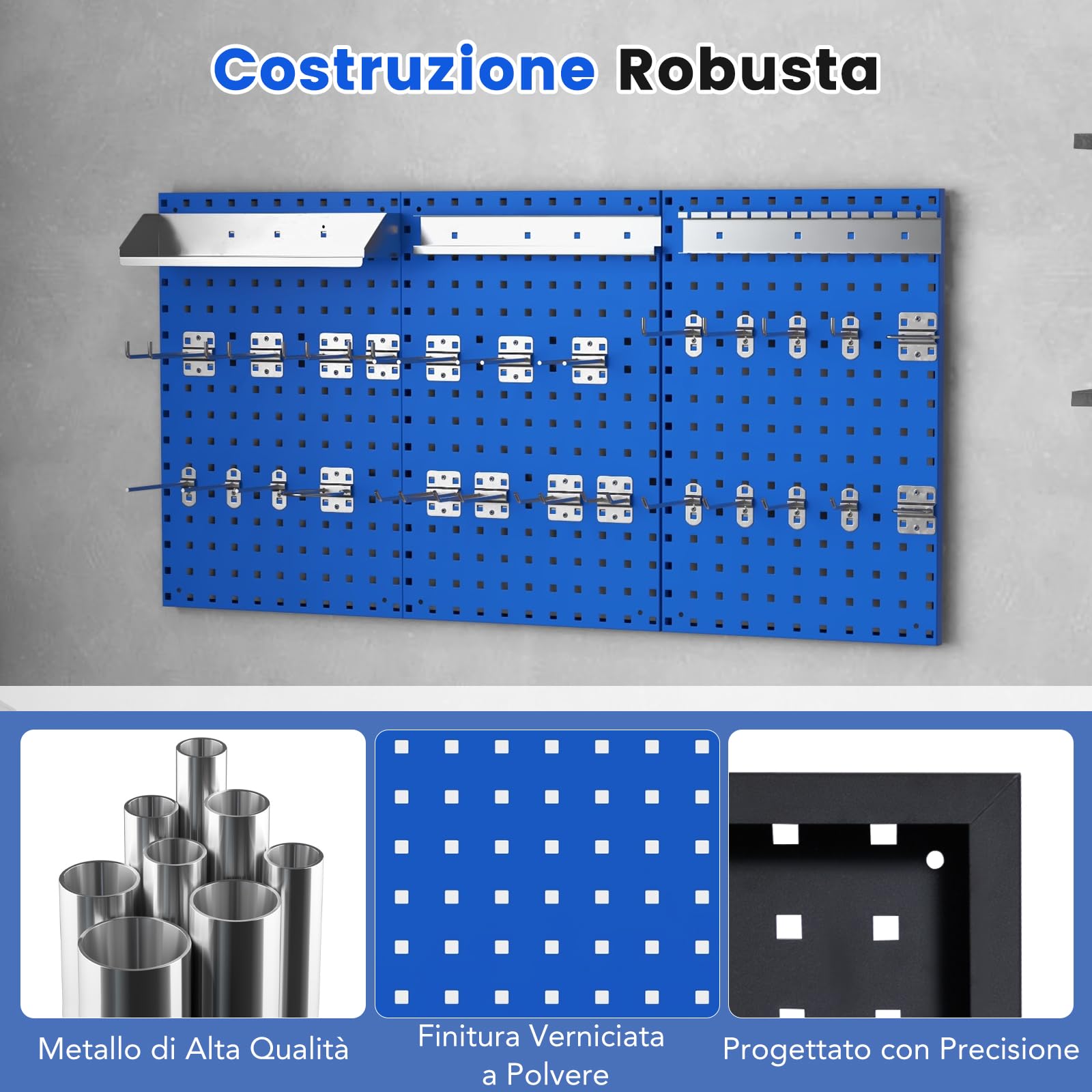GYMAX Pannello Portaoggetti da Parete, 3 Pannelli Forato Portautensili con 25 Ganci, Porta Trapano, Porta Cacciaviti, Piattaforma di Stoccaggio, Kit Pegboard in Metallo, per Garage, Officina(Blu)