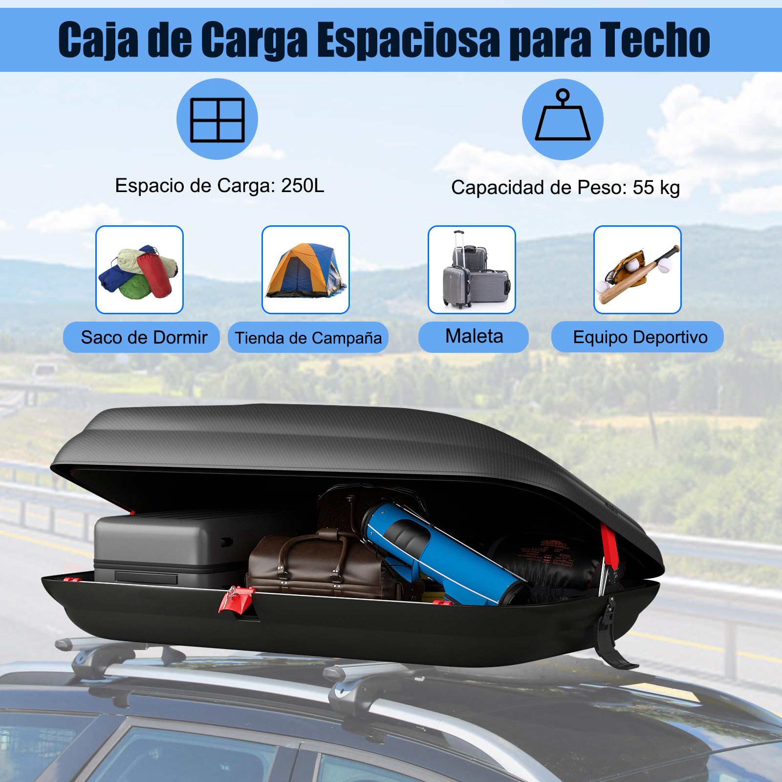 COSTWAY Cofre de Techo 250L, Cofre Techo Coche para Vehículo Impermeable con Llaves, Porta Equipaje de Automóvil, Caja de Equipaje de Techo para Coche, Vagone y SUV, Plata + Negro