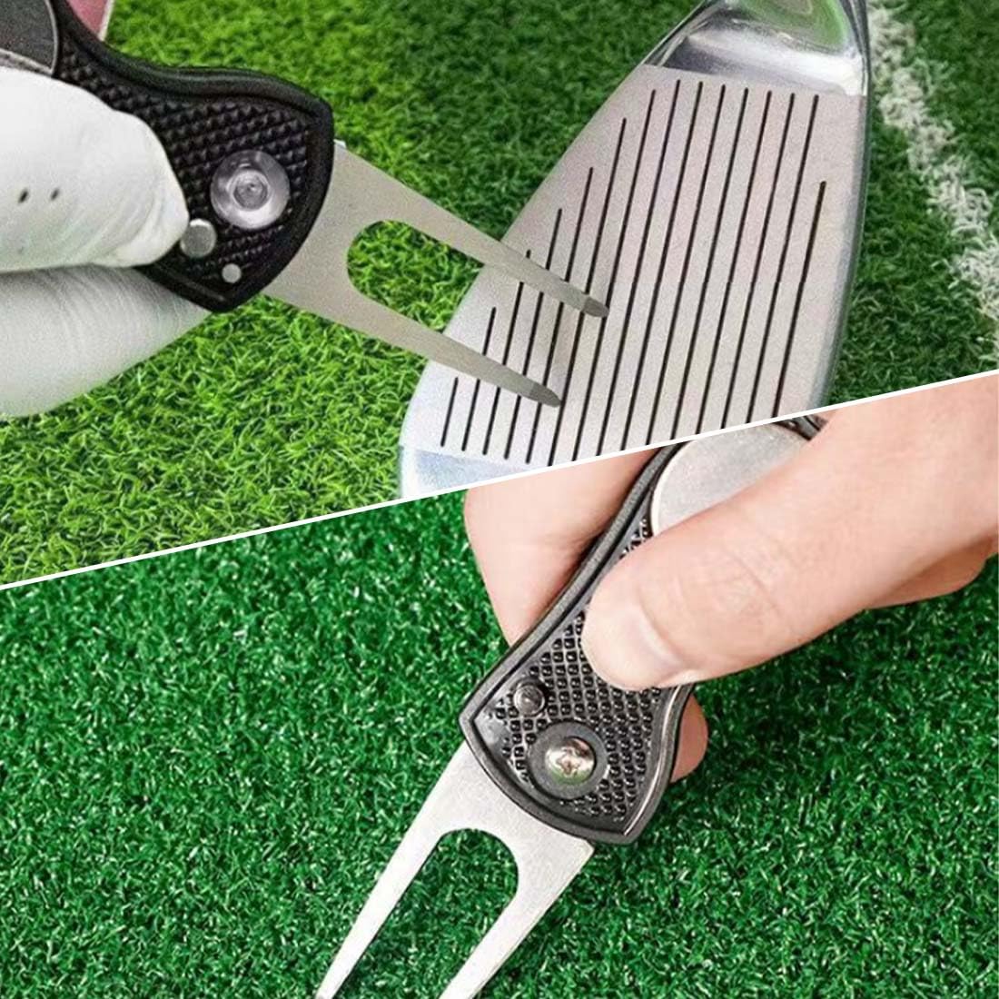 Strumento di Riparazione Divot da Golf Pieghevole con Marcatore Magnetico Nero
