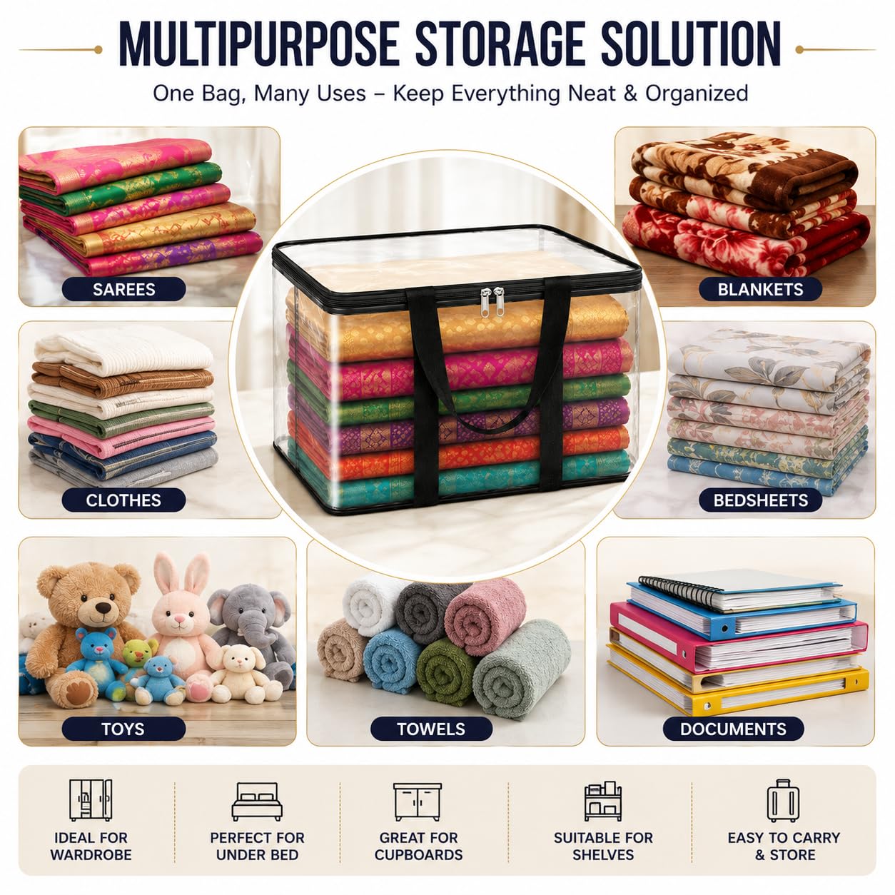 Zollyss PVC Saree Storage Bags Pack of 4, Transparent Clothes Organizer, 200 Micron Foldable Wardrobe Storage Box with Metal Zipper & Strong Handles for Sarees, Blankets & Clothes, 40x32x22 cm 3