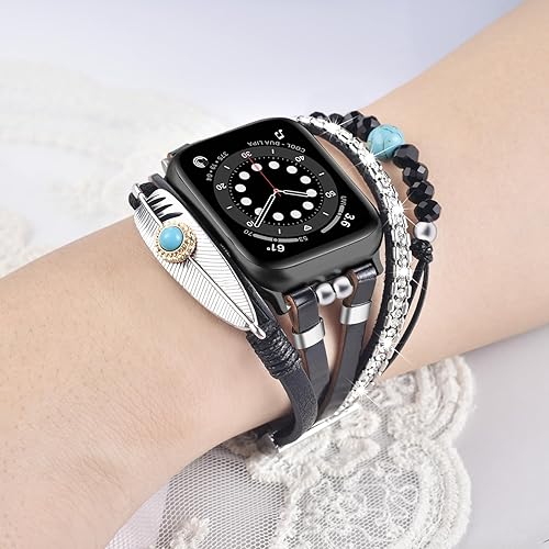 Vista 37 de VISOOM Beaded Boho Bracelet Compatible for Apple Watch Band 40mm/38mm/41mm/42mm iWatch Series 10 9 8 7 SE 6/5/4 Women Leather Fashion Cute Handmade