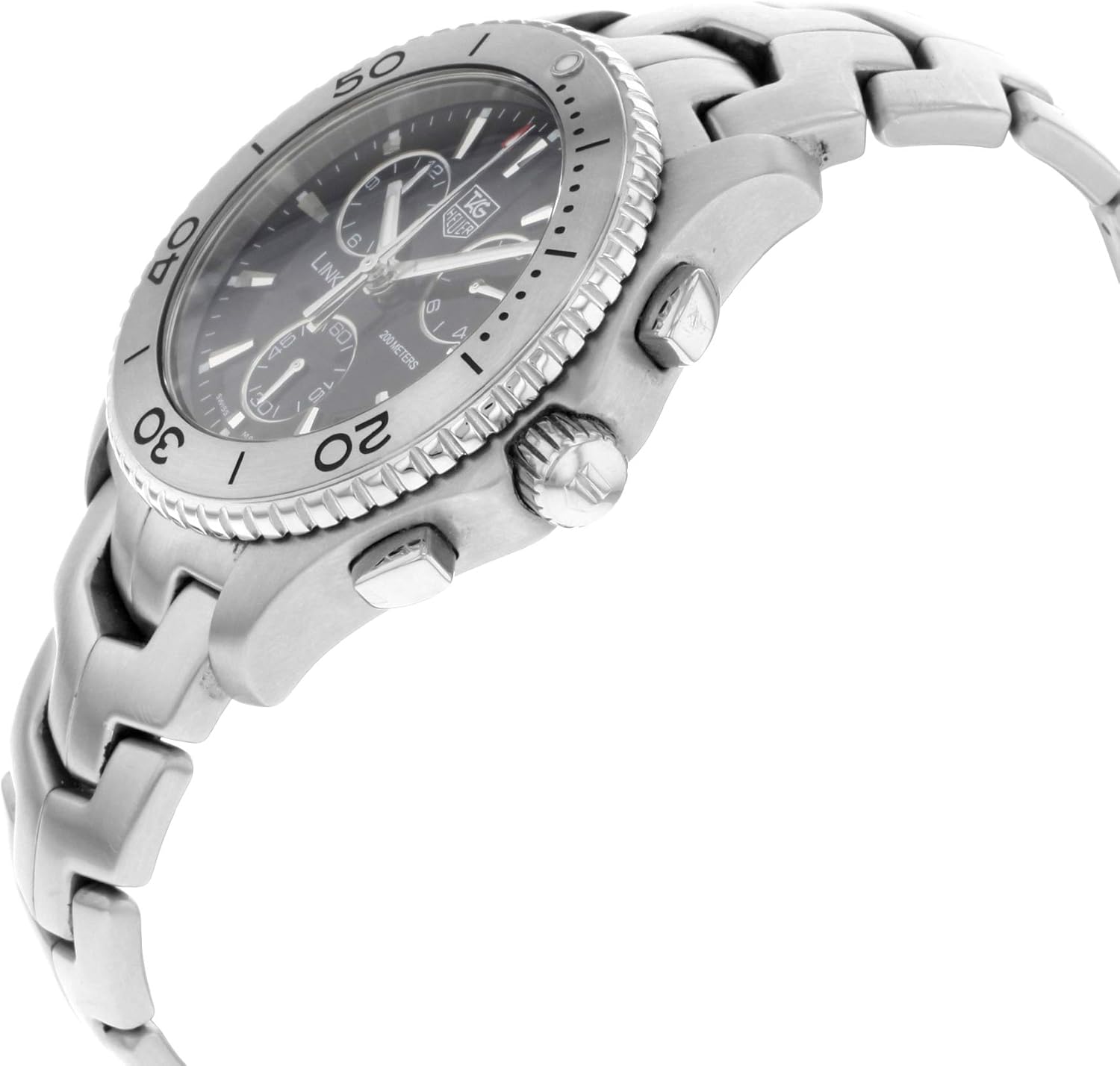 Side view of the TAG Heuer Link Men's Watch CJ1110.BA0576, showing the crown and chronograph pushers on the right side of the case.