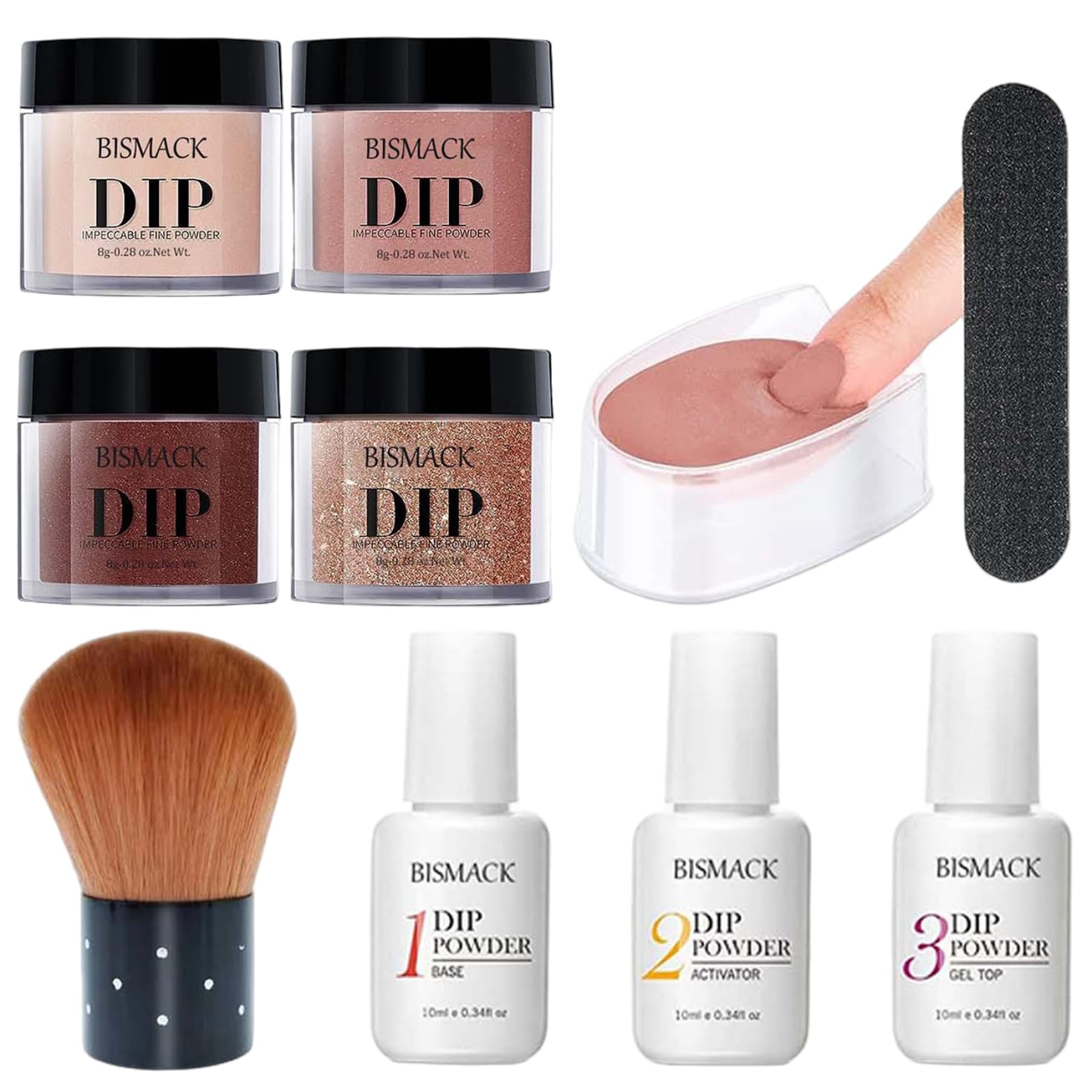 Kit de poudre de trempette 10pcs / ensemble, poudre trempette à 4 couleurs avec activateur base / couche finition, kits d'ongles pour bricolage, marron