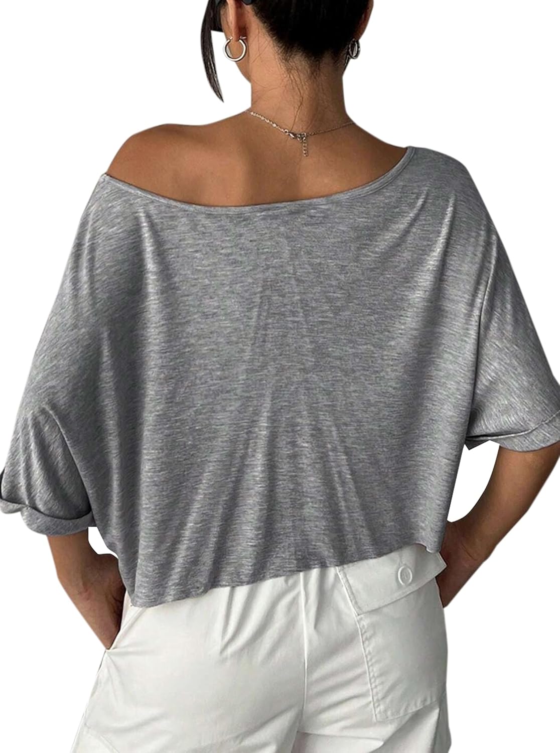 Remidoo Womens Off The Shoulder Tops Short Sleeve Crop Top Asymmetrical Neck T Shirt - Image 2