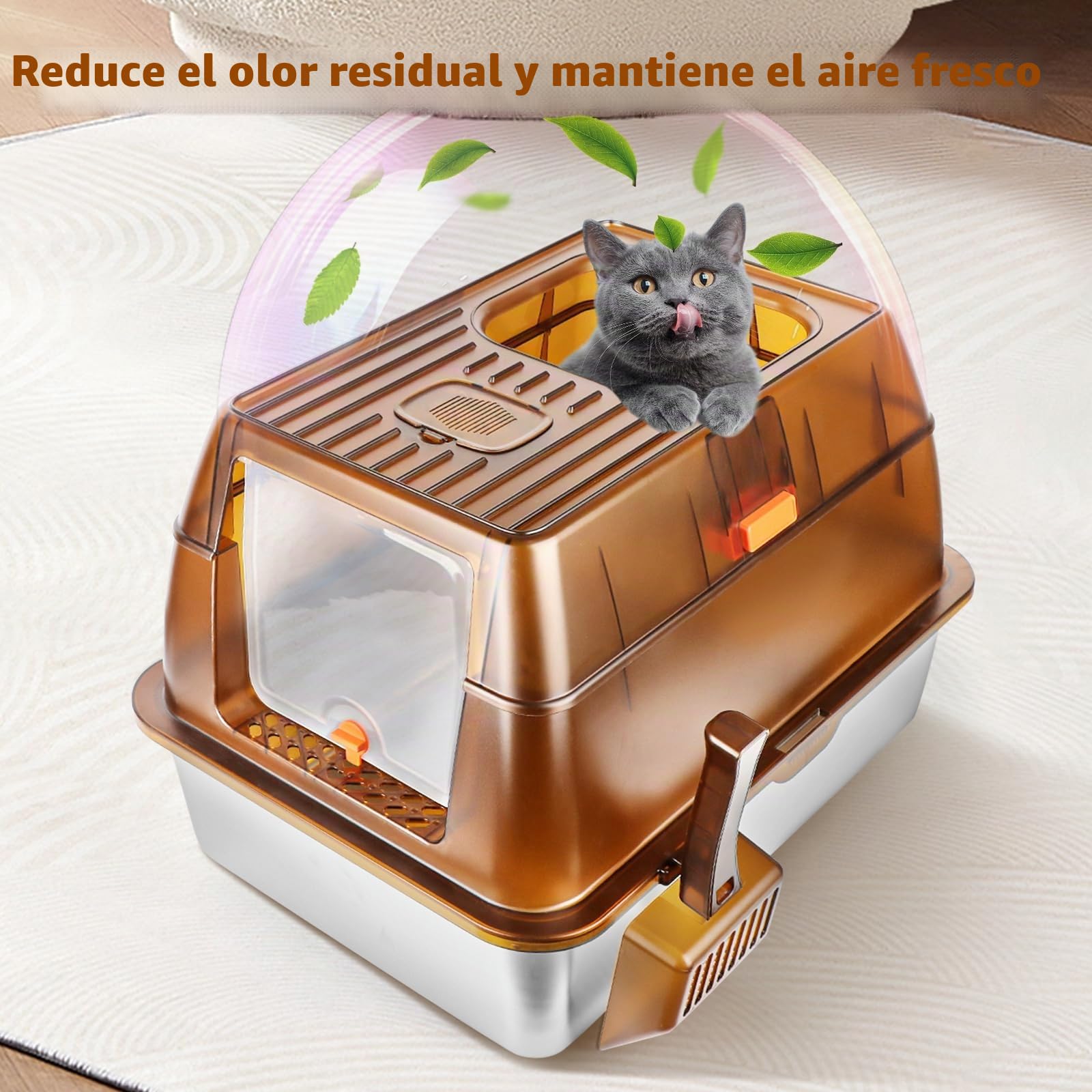 Caja de arena cerrada de acero inoxidable para gatos con tapa, caja de arena extra grande para gatos grandes, bandeja de arena de metal con lados altos con cuchara, control de olores