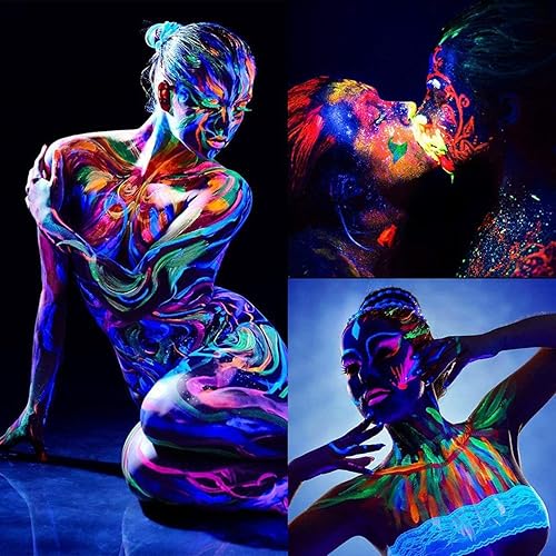 Miniatura 7 de Felico Pintura facial y corporal amarilla neón, kit de pintura facial fluorescente de Halloween, maquillaje de luces negras para niños y adultos,