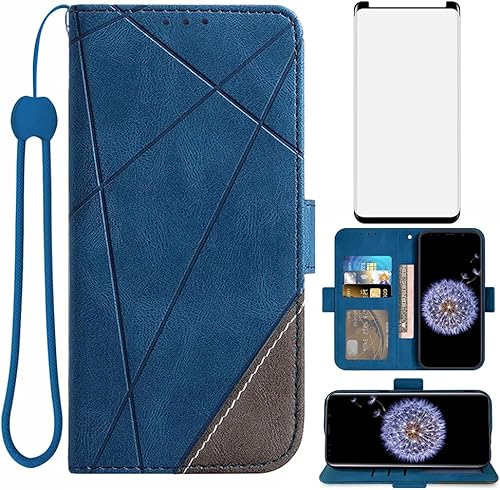 Asuwish Compatible con Samsung Galaxy S9 Plus - Funda tipo cartera y protector de pantalla de vidrio templado, funda con tapa para tarjetero,