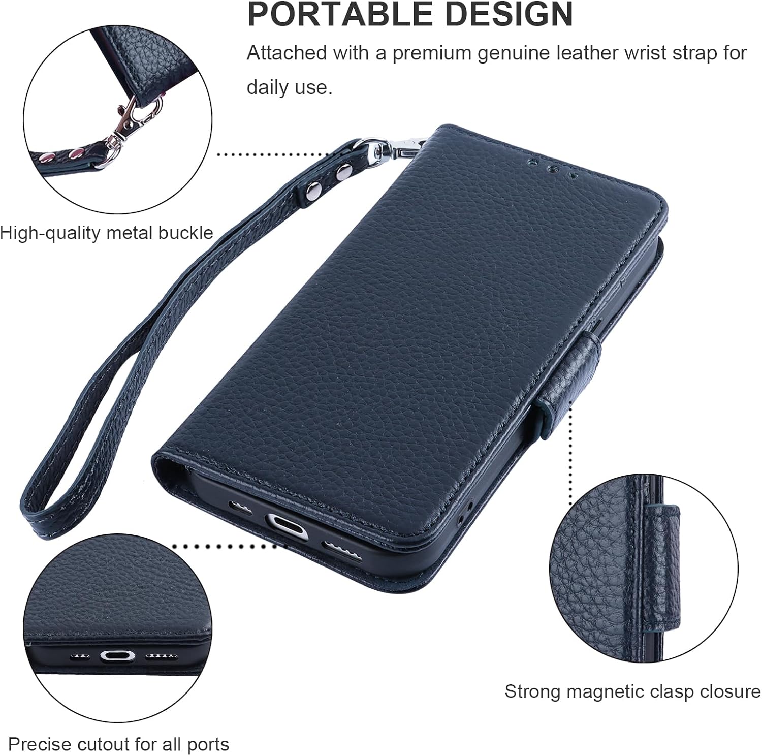 Bocasal Wallet Case for iPhone 15 5G, Genuine Leather Support Wireless Charging RFID Blocking Flip Case Card Slots Holder, Kickstand Book Folding Folio Cover with Wrist Strap 6.1 Inch (Royal Blue)