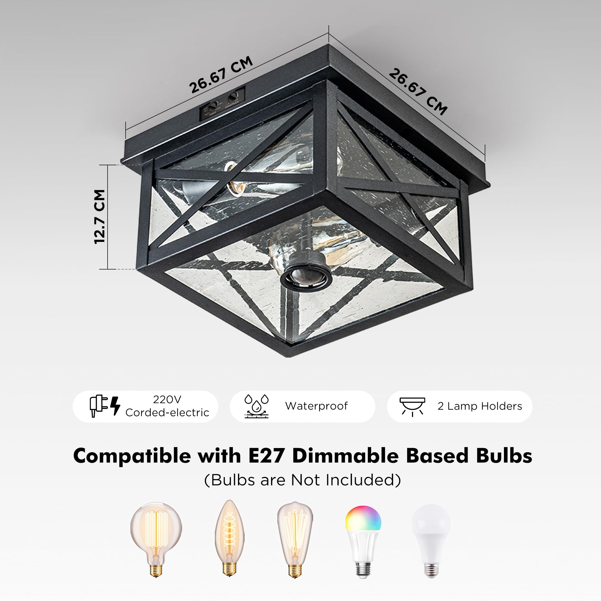 FTL Deckenleuchte mit Bewegungsmelder für Aussen, Industriell Deckenlampe mit Bewegungsmelder Außen, Gussglas mit Blasen 2-Leuchten-Deckenbeleuchtung Flurlampe für Veranda Terrasse, Wasserdicht