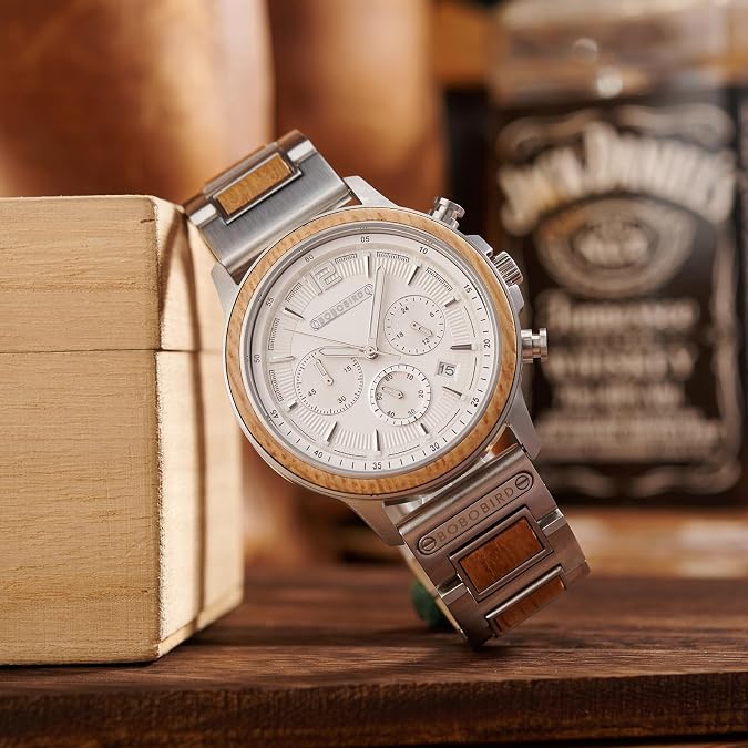 BOBO BIRD GT187 Series | Men's Wooden Chronograph Watch | Japanese Quartz Movement | Stainless Steel and Wood | 44mm Case | Hidden Clasp