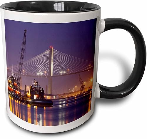 3dRose Georgia, Talmadge Bridge, remolcadores, Savannah River-US11 JWL0430-Joanne Wells - Taza de dos tonos, 11 onzas, negroblanco