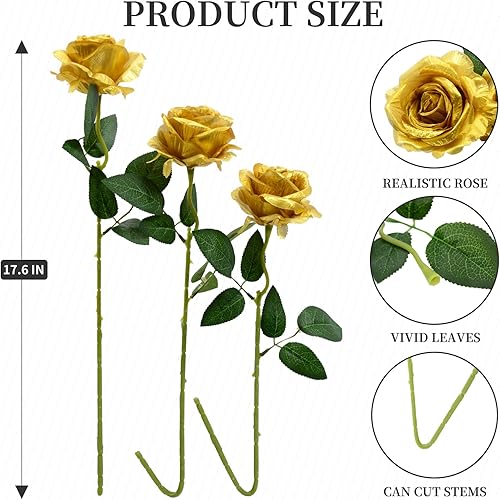 Miniatura 2 de DH EYB Flores artificiales de color dorado, rosas falsas de seda de 19.7 in, rosas sintéticas con tallos de flores, ramo de rosas nupciales para