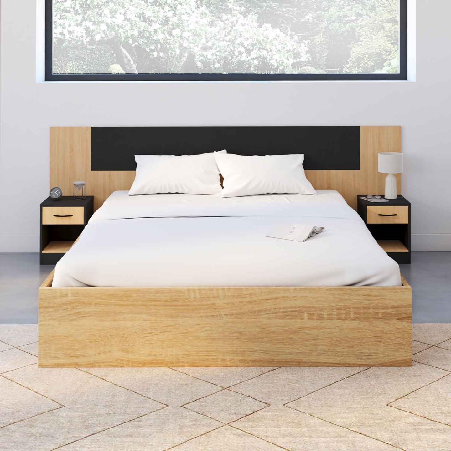 IDMarket - Cabecero SAPA para camas de 140 y 160 cm con mesillas negras y efecto madera