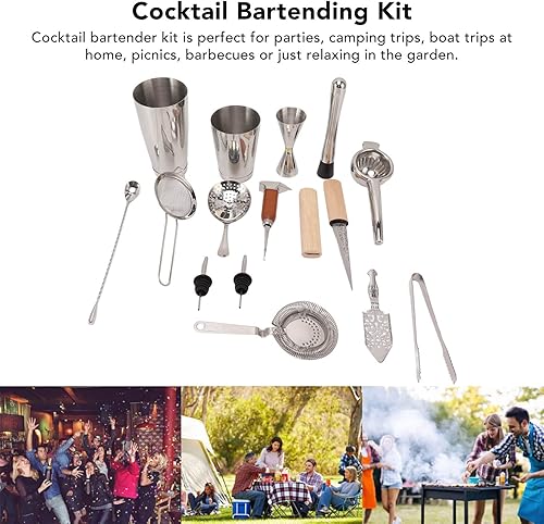 Miniatura 4 de Juego de coctelera Boston de 18 piezas, kit de coctelera de acero inoxidable, lavable, accesorios de barra con bolsa de almacenamiento para bar y