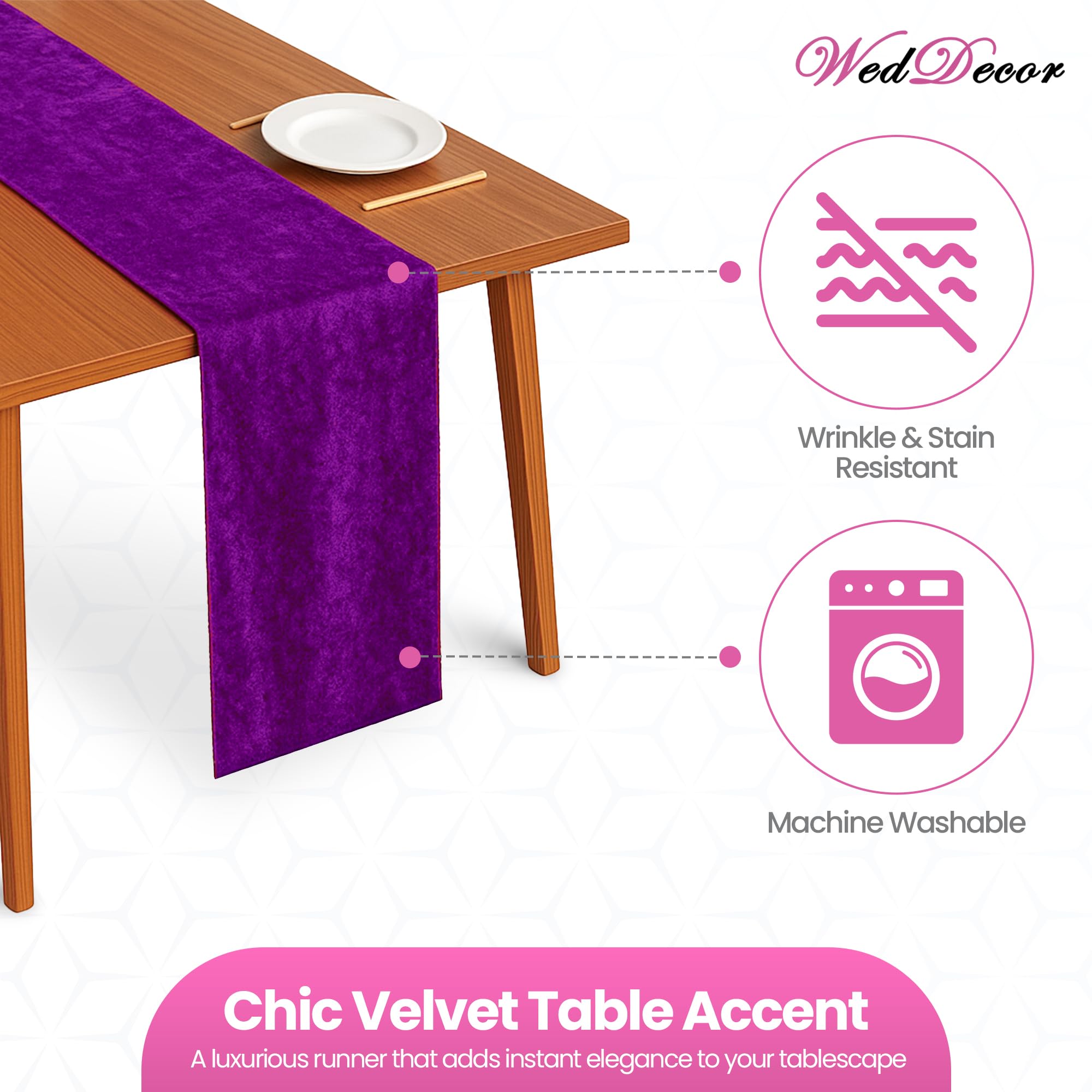 WedDecor Chemin de table en velours écrasé doux lavable pour mariage, cuisine, anniversaire, banquet, Noël et événements spéciaux, dîner, fête - 33 x 274 cm - Violet