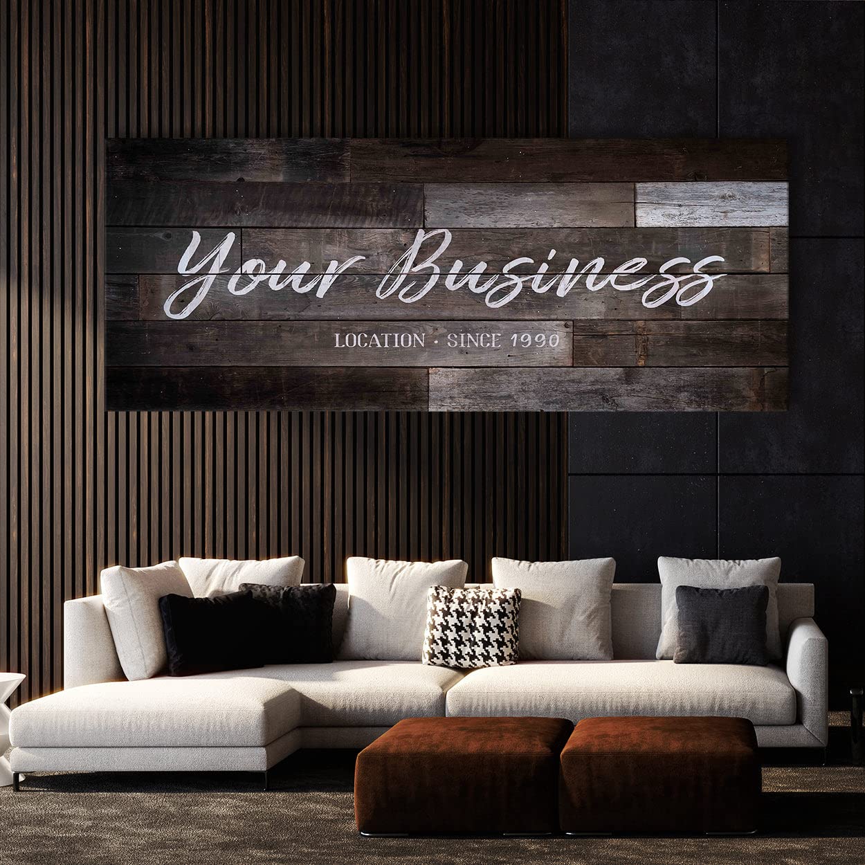 Personalizado Your Business Company - Cartel de madera más oscuro personalizado de arte en lienzo para decoración del hogar, póster de pared pequeño de 20 x 8 pulgadas | Sense Canvas