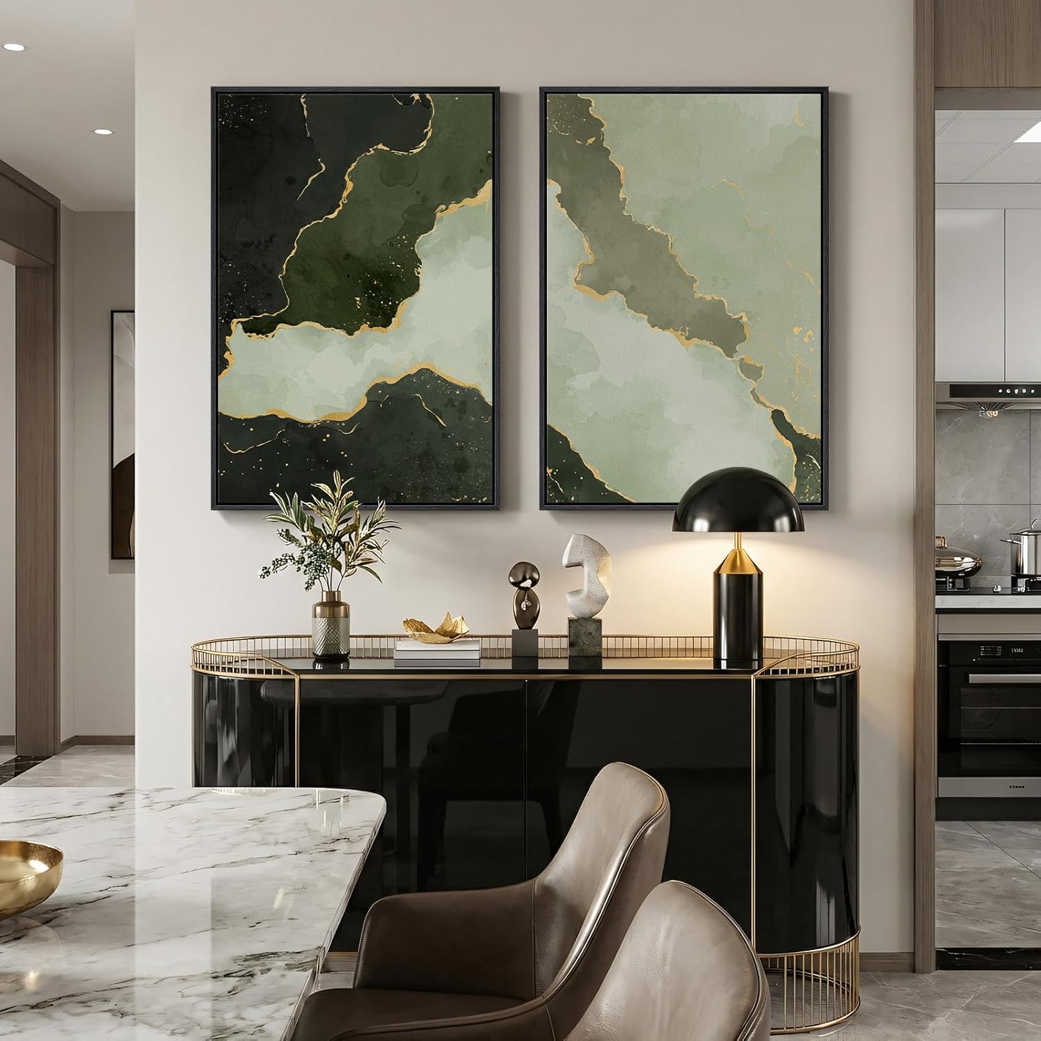 Large Framed Green Abstract Wall Art Set of 2, Modern Canvas Prints Paintings for Walls, Minimalist Sage Green and Gold Abstract Pictures for Living Room Dining Bedroom Hallway Wall Decor 24x36 In 24" W x 36" H x 2Pcs Sage Green Block