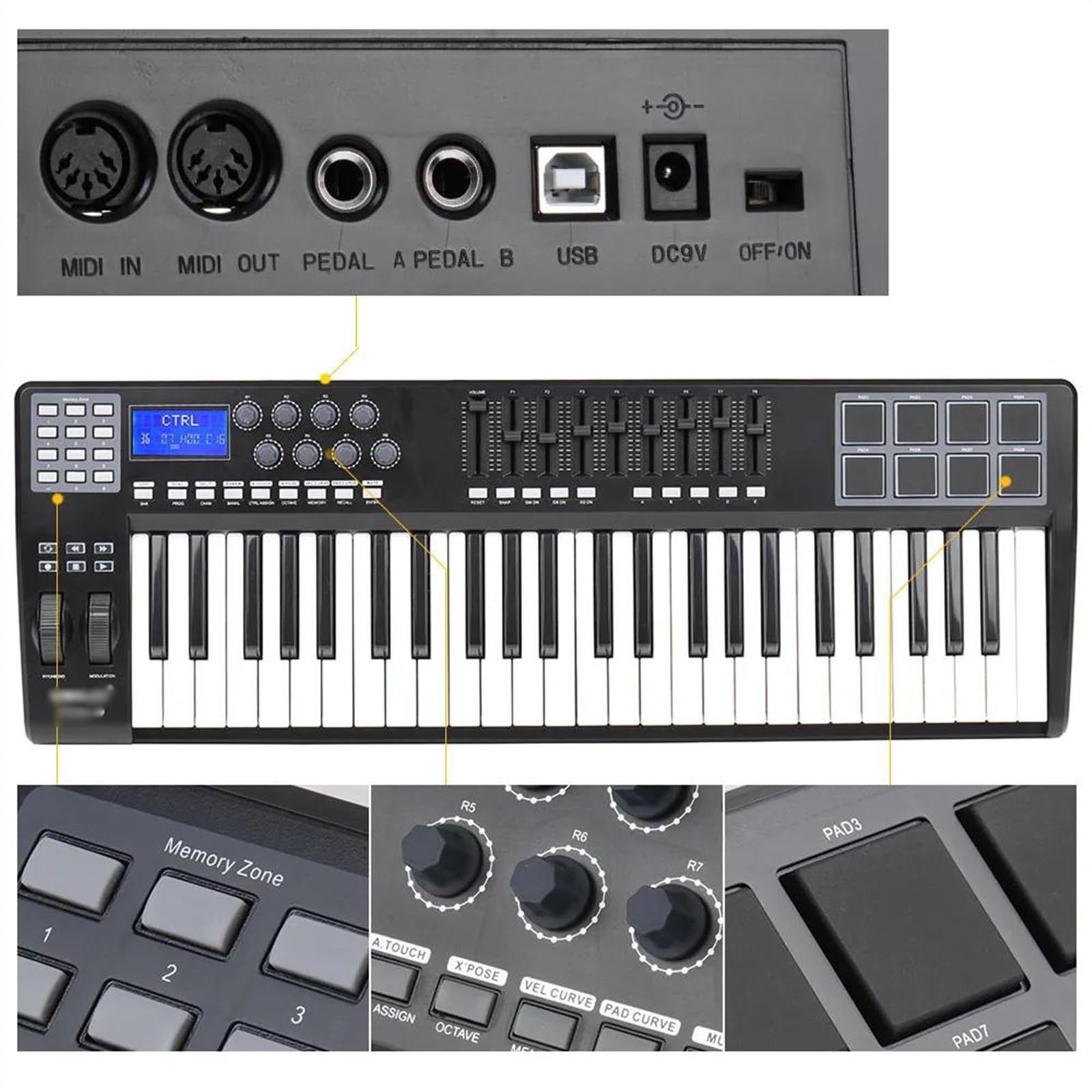 Tragbares 49-Tasten-USB-Tastatur-Controller-Instrument, 8 Bunte RGB-Hintergrundbeleuchtungspads Mit USB-Kabel Keyboard-Klavier für Anfänger