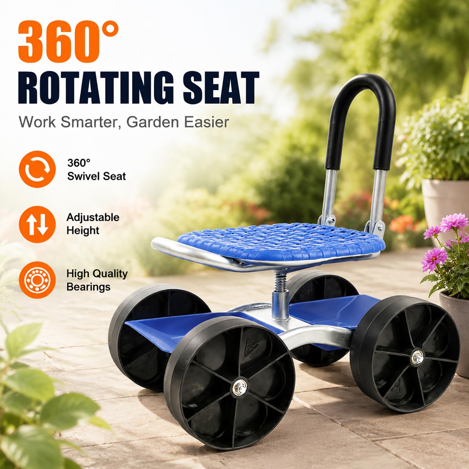 Gartenhocker mit Rollen, 360° Drehbarer Gartensitz Höhenverstellbar, Rollsitz aus Verzinktem Stahl mit Stauraum bis 150kg, Mobiler Gartenhocker für Gartenarbeit (Blau 2)