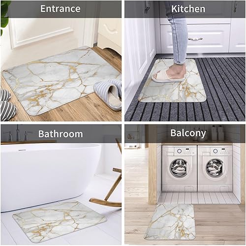 Miniatura 7 de Alfombra de baño moderna y sencilla con diseño de mármol blanco y gris, antideslizante, lavable a máquina, con textura de tira dorada, alfombras de