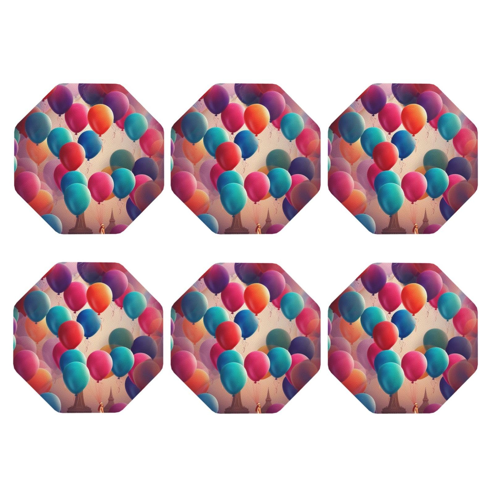 6Pcs PU Leather Coaster for Drinks, Balloon Cup Coastersr 4" Cup Mat Pad, Aesthetic Drink Coasters for Coffee Table, Octagon Coaster for Tabletop Protection