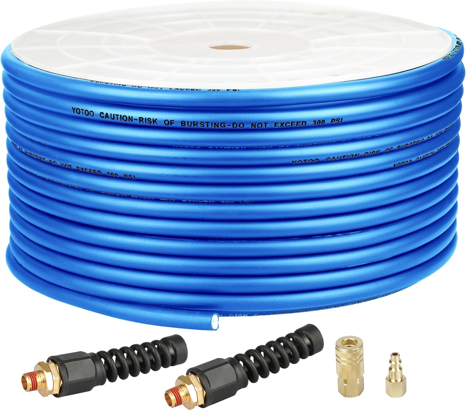 YOTOO Hybrid Air Hose 1/4-Inch by 250-Feet 300 PSI Heavy Duty, Lightweight, Kink Resistant, All-Weather Flexibility with Air Hose Swivel Reusable Fittings, Solid Brass Quick Coupler and Plug. Blue