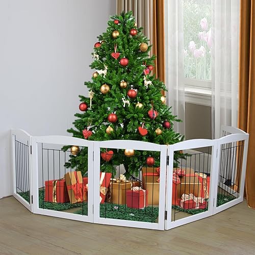 Miniatura 5 de ZJSF Puerta plegable independiente para perro, puerta de madera extra ancha blanca para cachorros, 6 paneles de puerta alta para mascotas, valla