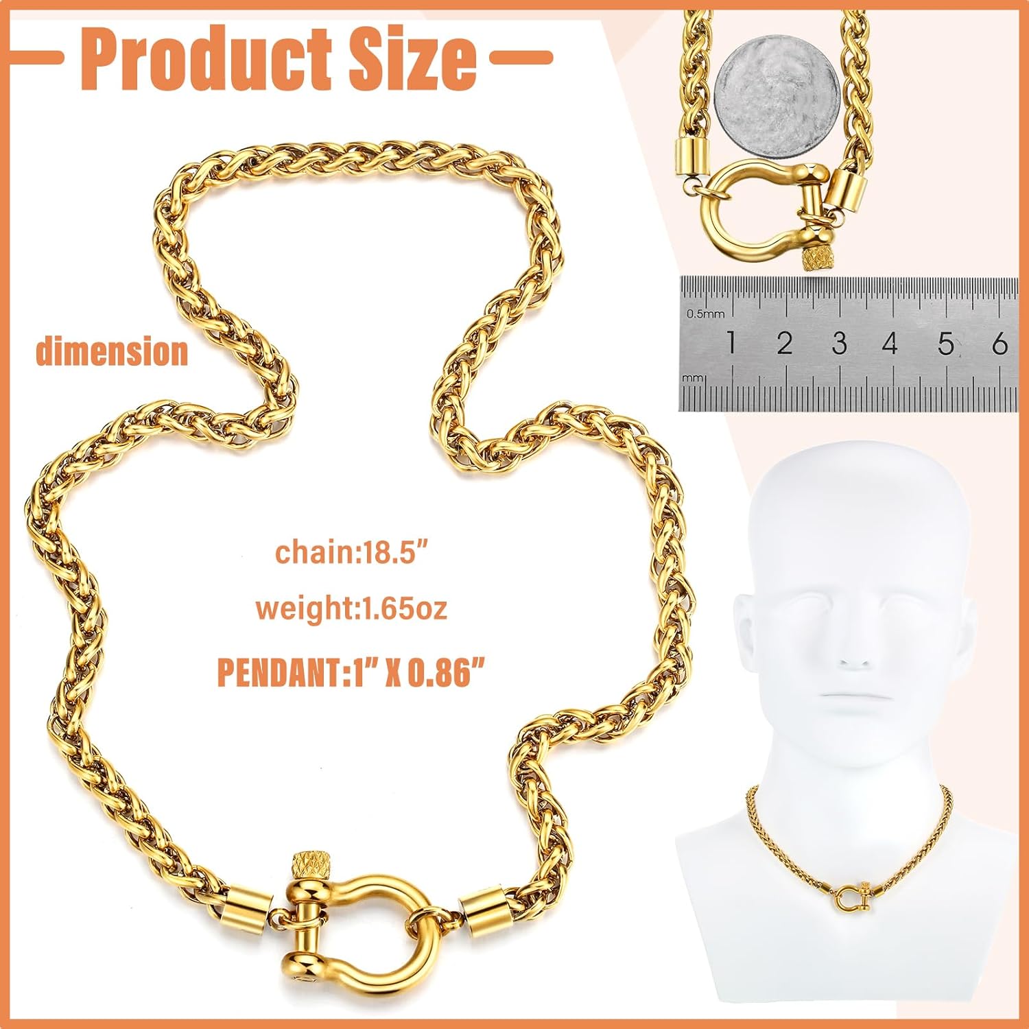 Tondiamo Stainless Steel Wheat Chain Necklace Heavy Screw Anchor Shackle Wheat Necklace Chunky Gold Necklace for Women Men - Image 2