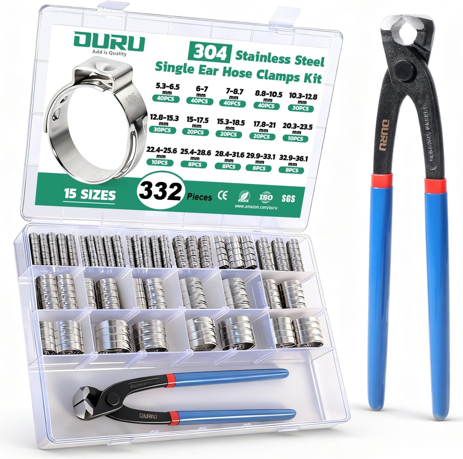 332 PCS Single Ear Hose Clamps, 15 Sizes 5.3-36.1mm Crimp Hose Clamps with Ear Clamps Pincer, 304 Stainless Steel Cinch Rings Assortment Kit for Automotive, Pipe, Plumbing