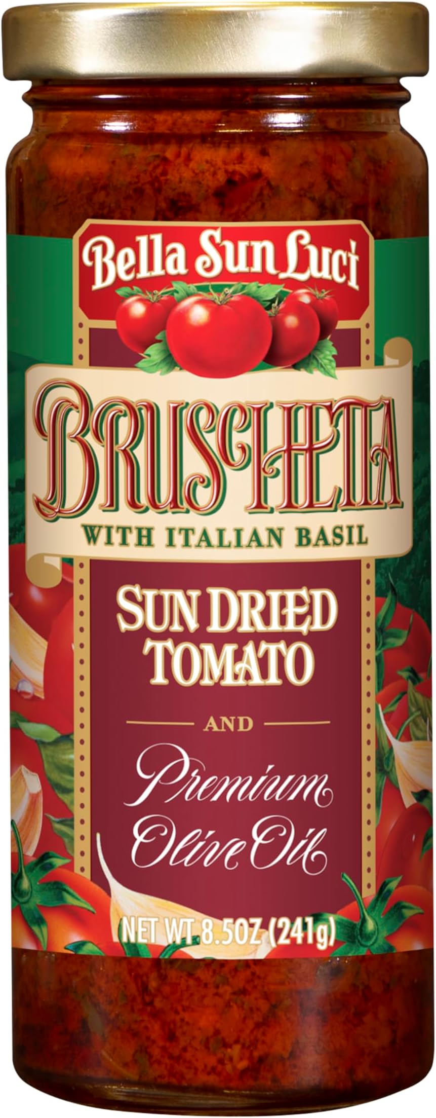 Bella Sun Luci Bruschetta with Italian Basil & Sun-Dried Tomatoes, Extra Virgin Olive Oil Spread for Bread, Pasta & Chicken, 8.5 oz