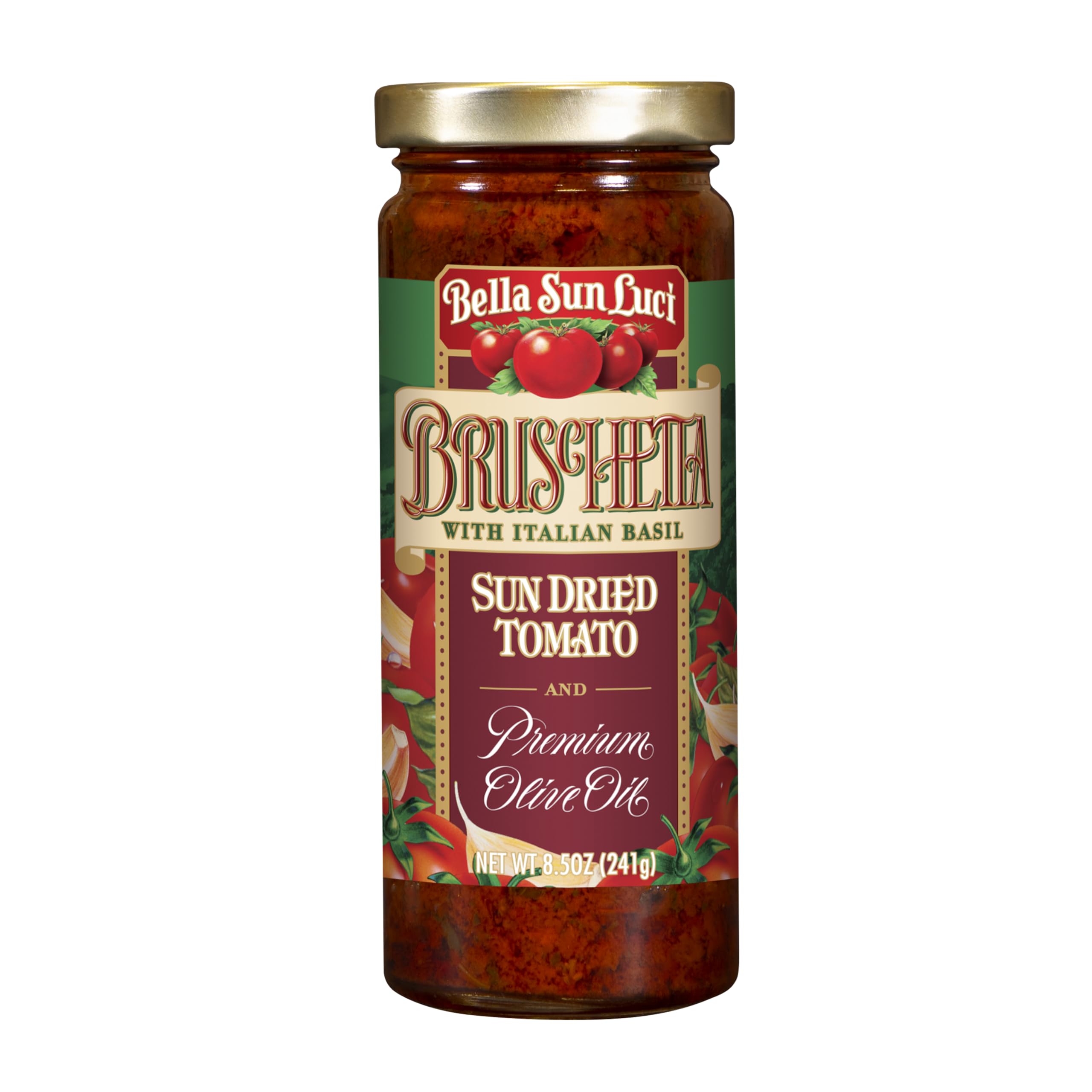 Bruschetta with Italian Basil & Sun-Dried Tomatoes, Extra Virgin Olive Oil Spread for Bread, Pasta & Chicken, 8.5 oz