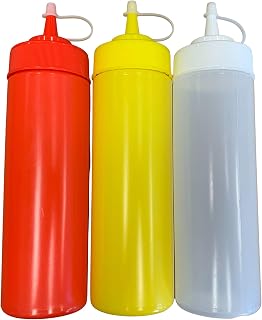 Ketchup Mustard and Clear BPA Free Widemouth Food Prep Set of 3 Plastic Squeeze Bottles with Caps for Condiments Holds 12 oz Each