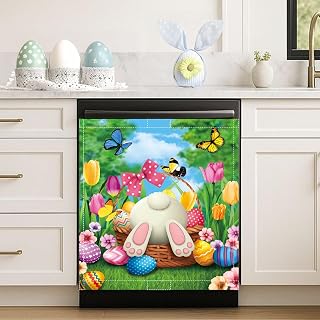 Happy Easter Dishwasher Magnet Cover, 23x26In Easter Bunny Dishwasher Magnetic Covers Spring Decor Dishwasher Magnets for Kitchen Decoration Funny Refrigerator Magnet Cover Fridge Panel Decal