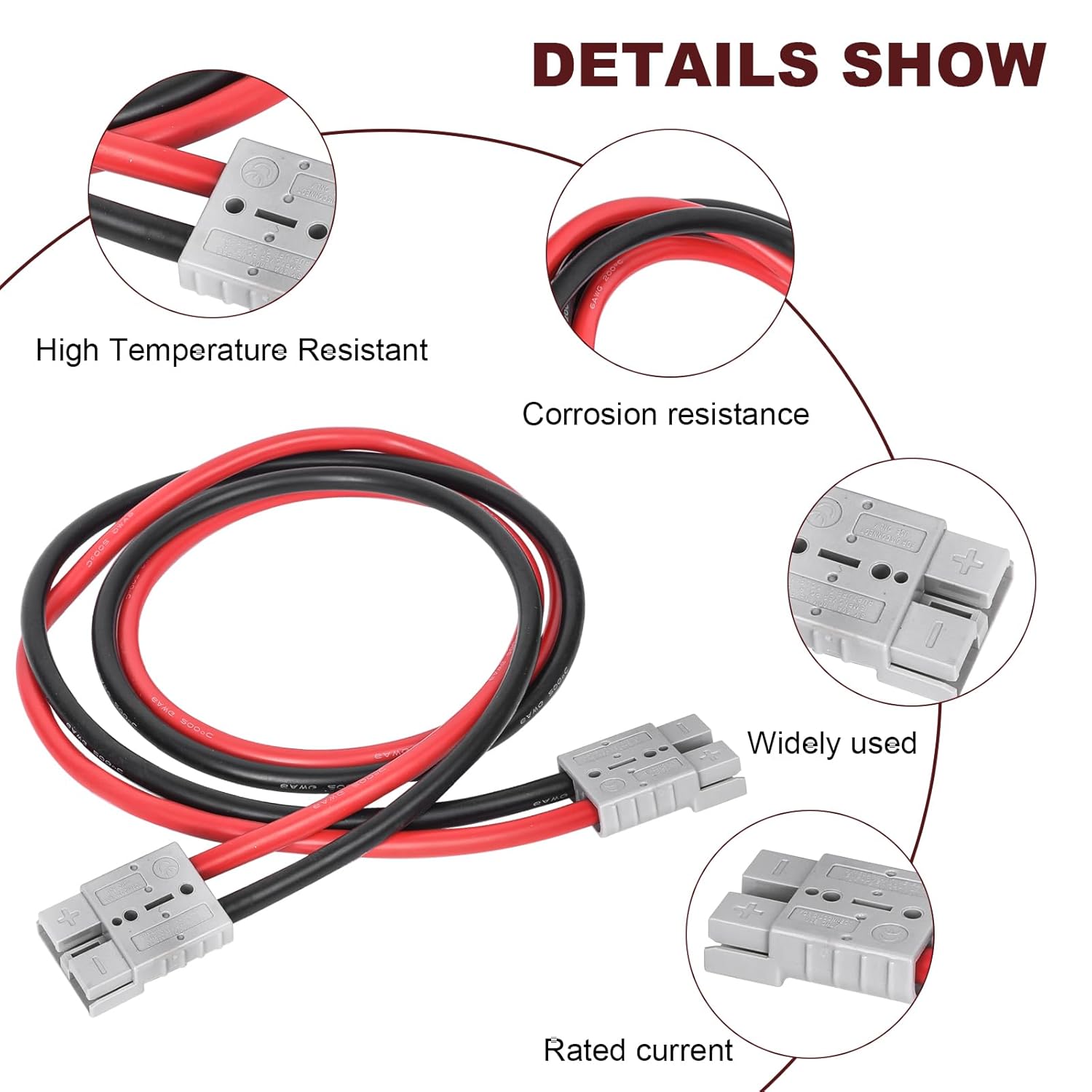 Anderson Connector Plug with 6AWG 47.24in Wire, Battery Quick Connector, Electric Forklift Charging Plug Cable (50A)