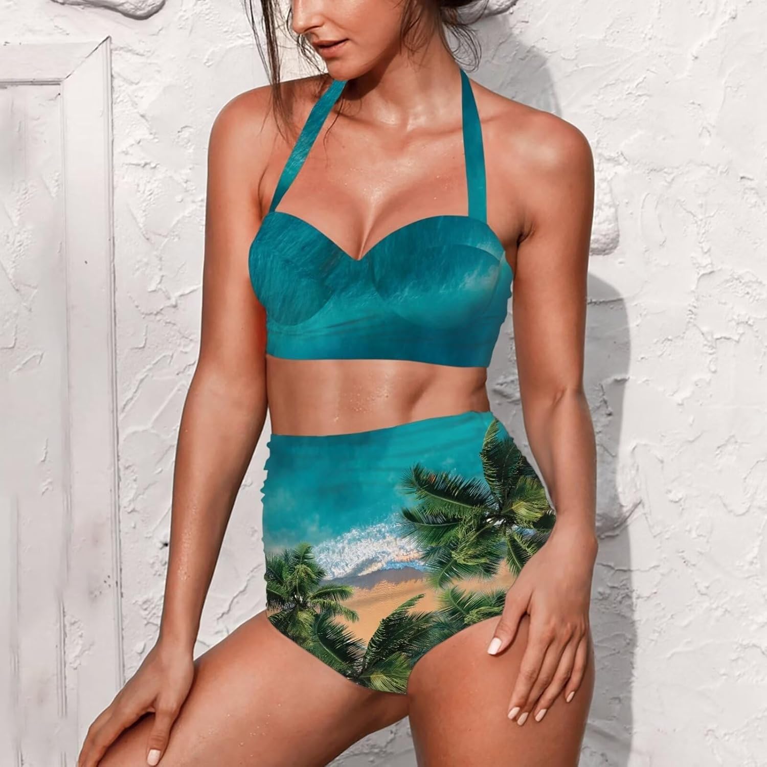 Women High Waisted Swimsuit Two Piece Tummy Control Bikini Set Push Up Halter Bathing Suit Slimming Swimwear