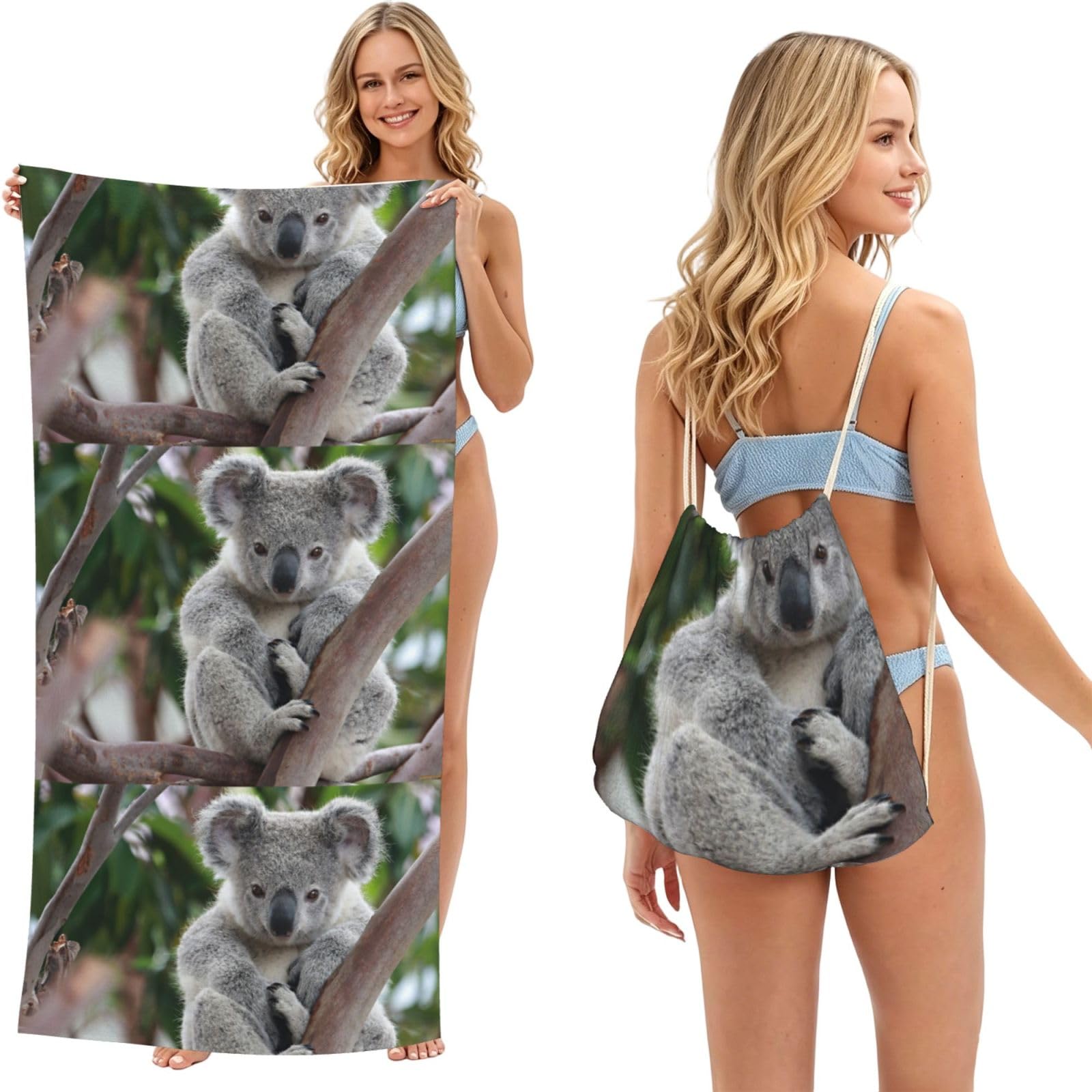 Poadnly As Picture Cute Koala, 2 In 1 Packable Towel Bag, Beach Towels With Drawstring Backpack For Travel Holiday Camping