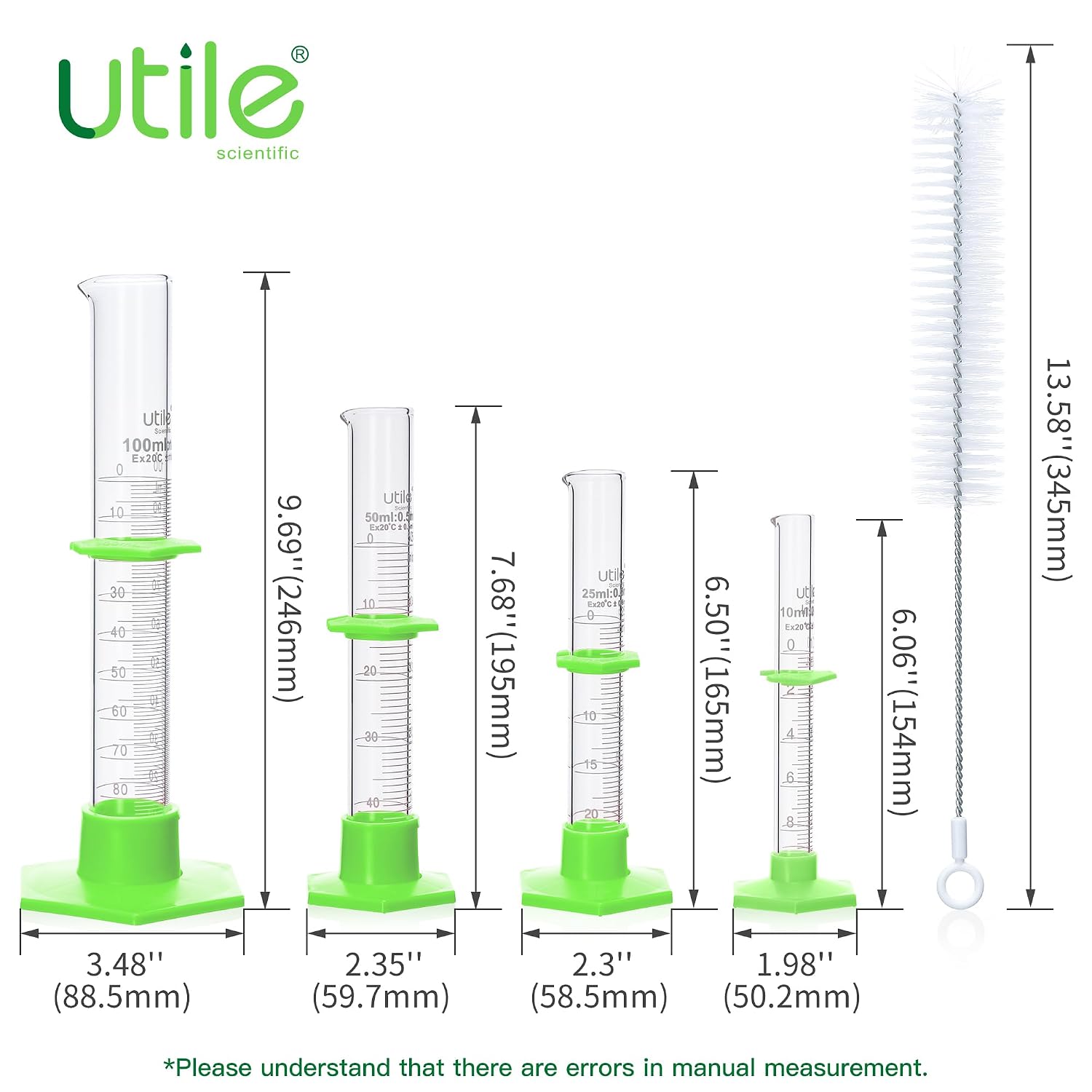 4PCS Glass Graduated Cylinder Set 10ML 25ml 50ml 100ml and 1 PC Cylinder Brush, 3.3 Borosilicate Glass Cylinder with Plastic hex Base,4099.0122.1