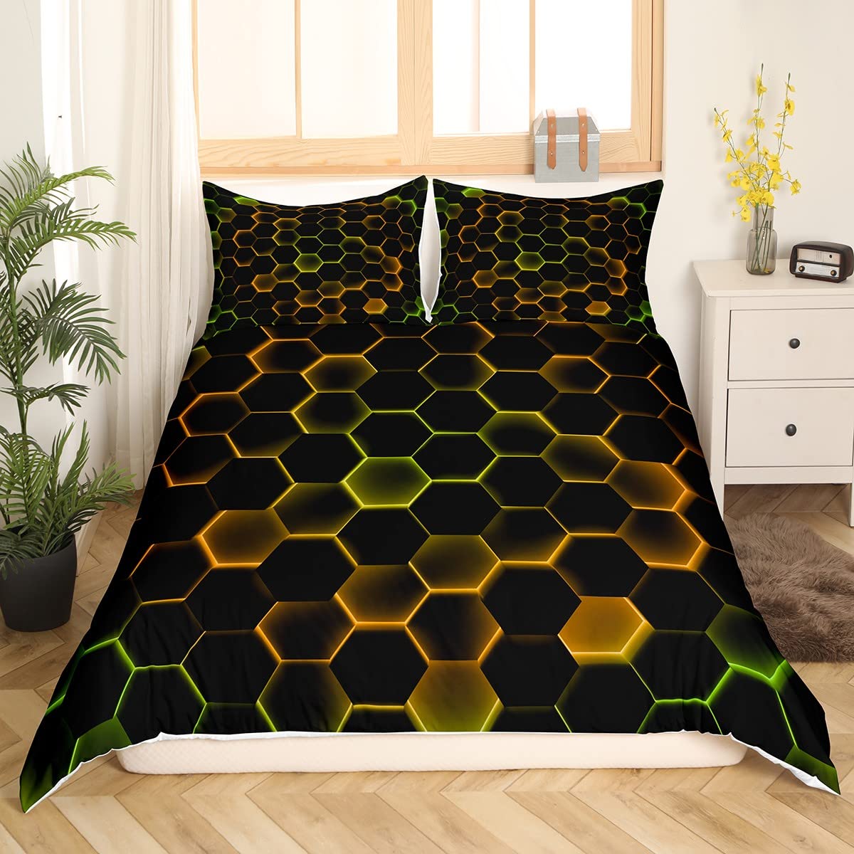 Housse de couette 3D nid d'abeille avec ses 2 taies d'oreiller pour lit double géométrique
