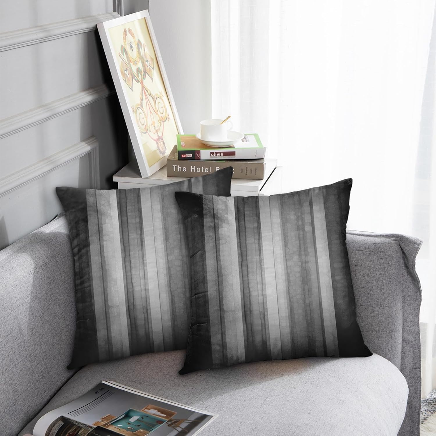 Emvency Set of 2 Throw Pillow Covers 18x18 Inches Black and Grey Striped Design Abstract Glass Texture and Dark Stripe Decorative Polyester Pillow Cases Square Pillocases for Bed Sofa - Image 2