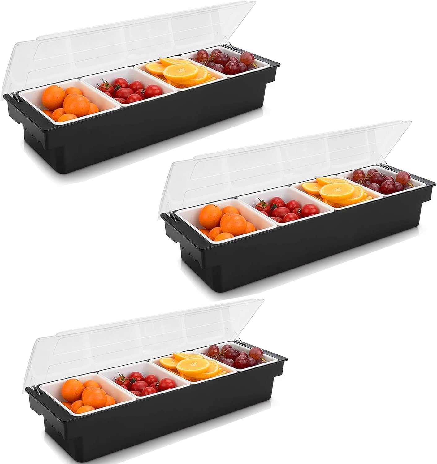 WICHEMI Fruit, Veggie & Condiment Caddy with Lid Dispenser Tray Garnish Station for Bartending & Serving Taco, Ice Cream, Salad Bar (3 Pack, 4 Compartment)